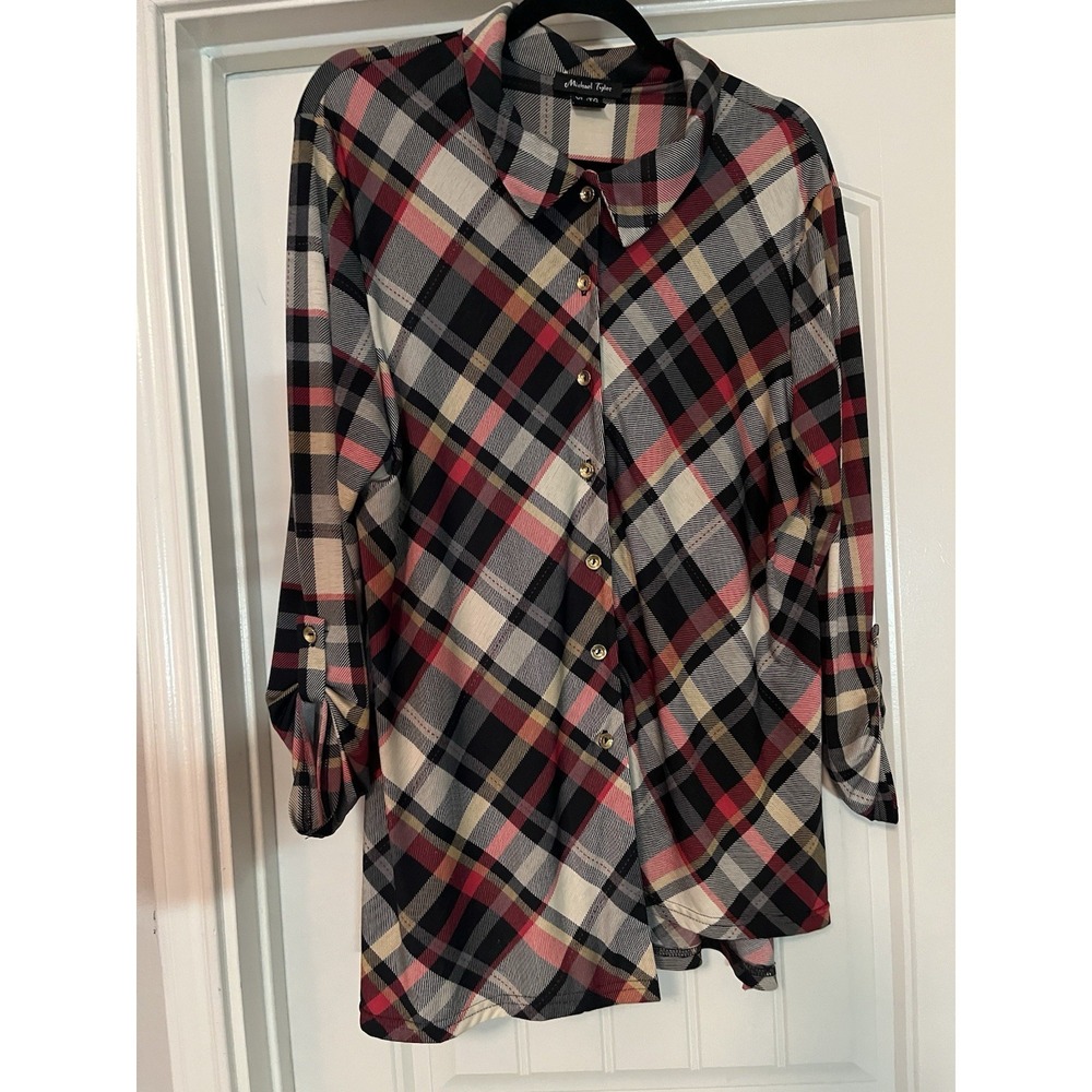 Michael Tyler Blouse Women XL Black Plaid Gold Button Tunic Made in Canada